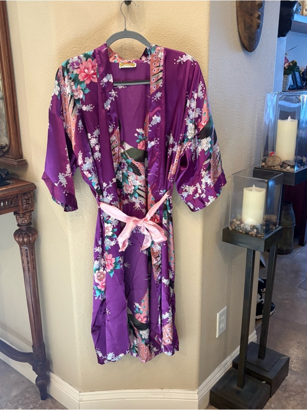 Vintage Oriental Village Multicolor Floral Peacock Print Kimono Robe One Size